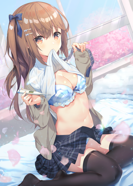 Anime picture 1786x2505 with original cona kinaco single long hair tall image looking at viewer blush fringe highres breasts light erotic hair between eyes brown hair sitting holding brown eyes payot cleavage indoors off shoulder