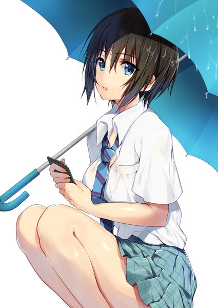 Anime picture 720x1016 with original matarou (genkai toppa) single tall image short hair breasts blue eyes black hair simple background large breasts white background parted lips pleated skirt short sleeves squat wet clothes girl skirt shirt necktie