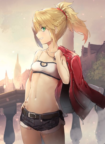 Anime picture 1296x1770 with fate (series) fate/grand order mordred (fate) isegawa yasutaka single tall image looking at viewer blush fringe short hair breasts light erotic blonde hair smile hair between eyes standing holding green eyes payot sky