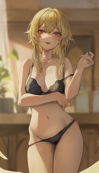 Anime picture 3000x5233 with genshin impact lumine (genshin impact) leviathan (hikinito0902) single long hair tall image looking at viewer blush fringe highres breasts light erotic blonde hair hair between eyes large breasts standing yellow eyes cleavage indoors depth of field