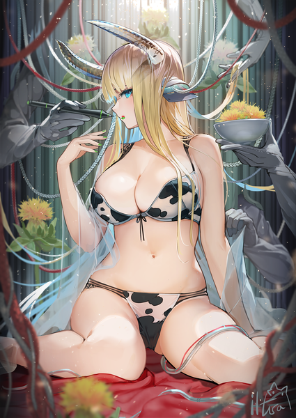 Anime picture 1254x1771 with original iltusa long hair tall image looking at viewer fringe breasts blue eyes light erotic blonde hair hair between eyes large breasts sitting holding signed animal ears cleavage bent knee (knees) blunt bangs nail polish