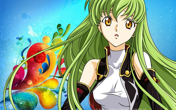 Anime picture 1920x1200 with code geass sunrise (studio) c.c. single long hair looking at viewer fringe highres breasts wide image yellow eyes upper body parted lips green hair girl detached sleeves