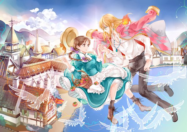 Anime picture 1500x1061 with howl's moving castle studio ghibli howl sophie hatter calcifer instockee long hair blonde hair smile brown hair brown eyes green eyes sky cloud (clouds) couple single braid holding hands flying clothes on shoulders girl
