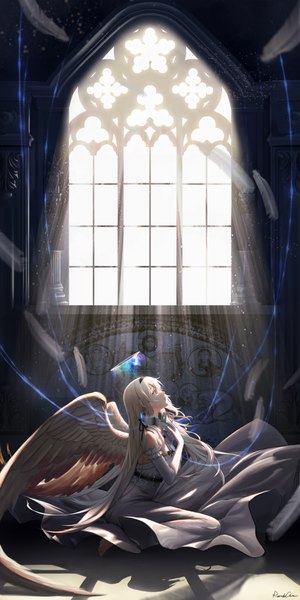 Anime picture 3000x6003 with girls frontline an-94 (girls frontline) roundschen single long hair tall image fringe highres breasts blonde hair hair between eyes sitting signed profile barefoot sunlight arms up shadow grey eyes looking up
