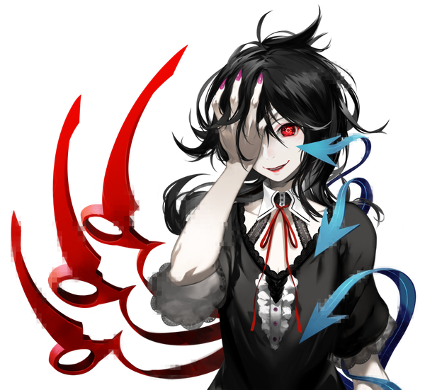 Anime picture 868x798 with touhou houjuu nue kodama (wa-ka-me) single long hair looking at viewer fringe black hair smile red eyes nail polish fingernails short sleeves transparent background pale skin hand on face asymmetrical wings girl dress wings