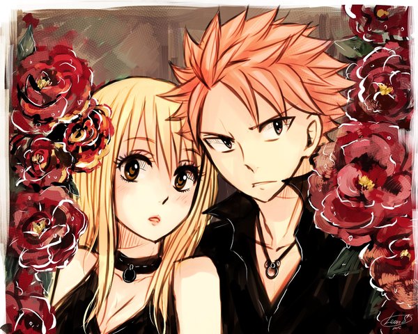 Anime picture 1280x1024 with fairy tail lucy heartfilia natsu dragneel leonstar looking at viewer fringe short hair blonde hair hair between eyes bare shoulders brown eyes signed pink hair upper body 2015 girl boy flower (flowers) rose (roses) pendant