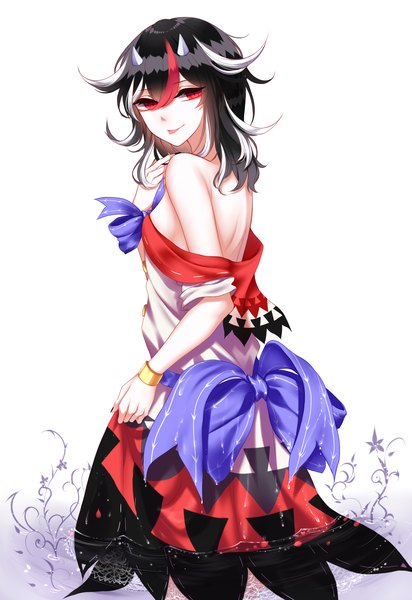 Anime picture 1600x2330 with touhou kijin seija sheya single long hair tall image fringe breasts light erotic black hair smile hair between eyes red eyes white background bare shoulders nail polish multicolored hair horn (horns) off shoulder back