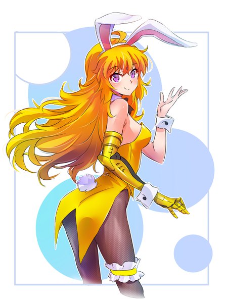 Anime picture 2000x2636 with rwby rooster teeth yang xiao long iesupa single long hair tall image looking at viewer fringe highres light erotic simple background blonde hair smile hair between eyes standing purple eyes bare shoulders animal ears payot