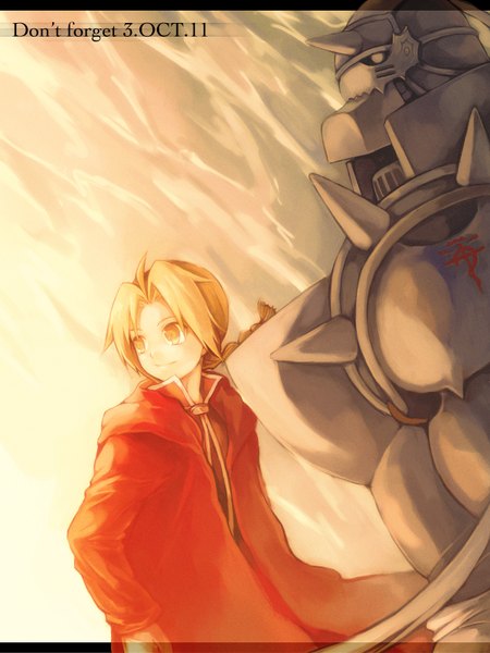 Anime picture 1200x1600 with fullmetal alchemist studio bones edward elric alphonse elric k z (pixiv) tall image blonde hair yellow eyes ahoge braid (braids) horn (horns) light smile inscription boy armor cloak helmet