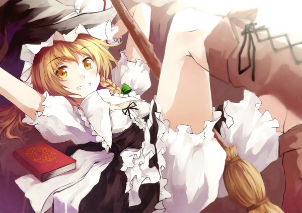 Anime picture 2023x1433 with touhou kirisame marisa nanahara fuyuki long hair highres blonde hair yellow eyes braid (braids) girl book (books) witch hat broom