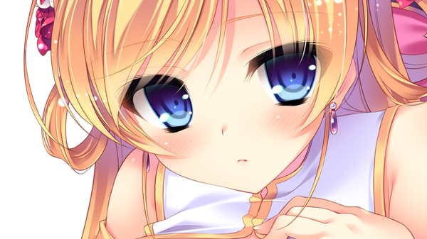 Anime-Bild 1024x576 mit love love life skyfish (studio) leone goldbach wori single long hair looking at viewer blush blue eyes blonde hair wide image bare shoulders game cg hair flower portrait transparent background girl hair ornament flower (flowers) earrings