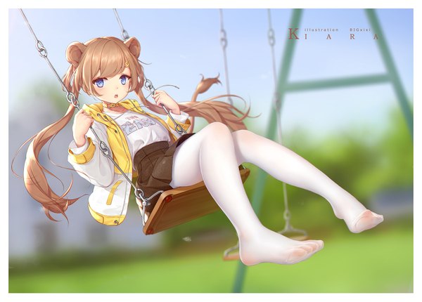 Anime picture 1480x1063 with original kiara (maou renjishi) bigxixi single long hair looking at viewer blush fringe open mouth blue eyes brown hair sitting twintails holding animal ears full body bent knee (knees) outdoors tail animal tail