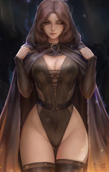 Anime picture 4000x6326 with elden ring melina (elden ring) daria leonova single tall image looking at viewer fringe highres short hair breasts light erotic smile brown hair large breasts standing brown eyes signed absurdres cleavage long sleeves