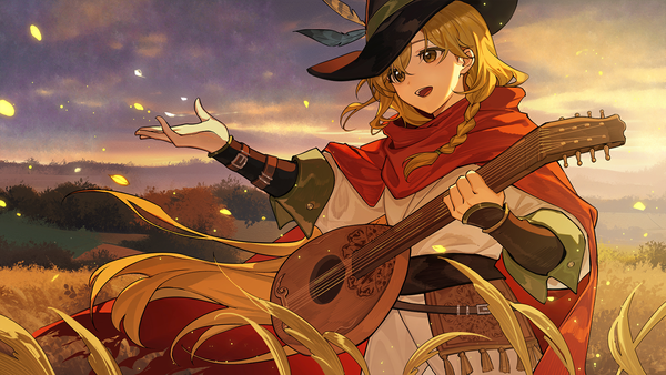 Anime picture 1920x1080 with volcano princess rose (volcano princess) leclle single fringe highres open mouth blonde hair hair between eyes wide image standing holding brown eyes looking away game cg sky braid (braids) very long hair long sleeves arm up