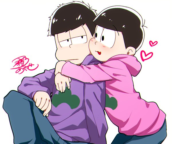 Anime picture 998x837 with osomatsu-san matsuno ichimatsu matsuno todomatsu kuwa ayase blush short hair open mouth black hair simple background white background black eyes multiple boys hug siblings hug from behind messy hair brothers boy heart hood