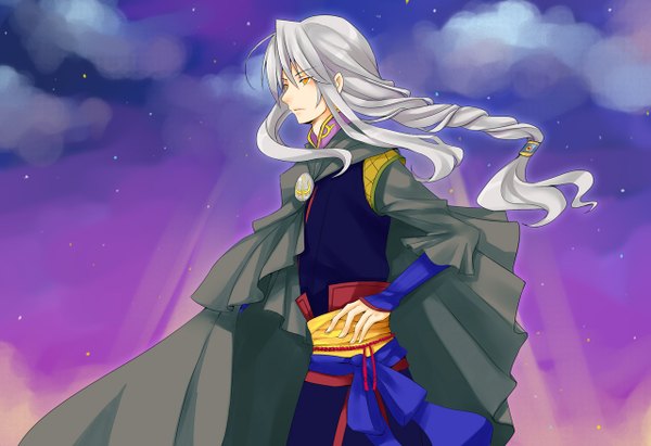 Anime picture 1280x878 with legend of the legendary heroes zexcs sion astal cang yan single long hair yellow eyes sky cloud (clouds) white hair braid (braids) night hand on hip single braid boy cloak