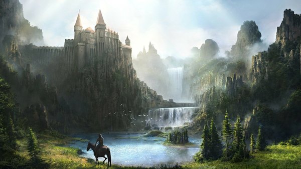 Anime picture 1920x1080 with original jonas de ro (jenovah-art) highres wide image sky cloud (clouds) mountain waterfall lake boy plant (plants) animal tree (trees) water bird (birds) grass forest castle horse