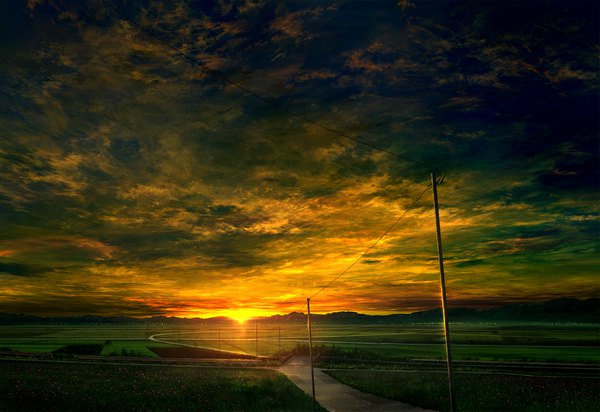 Anime picture 1427x982 with original mks sky cloud (clouds) sunlight horizon no people scenic field morning sunrise sun power lines road