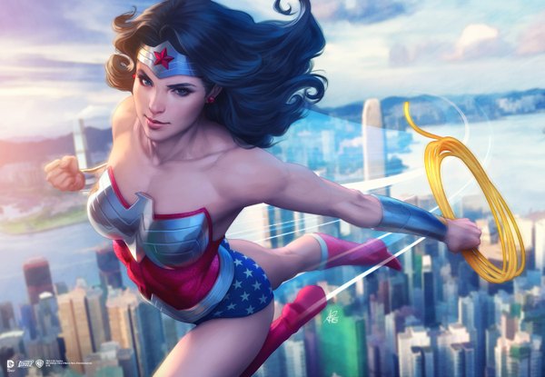 Anime picture 1500x1038 with dc comics wonder woman artgerm (stanley lau) single long hair looking at viewer blue eyes black hair bare shoulders signed sky cloud (clouds) outdoors wind sunlight blurry realistic depth of field city flying