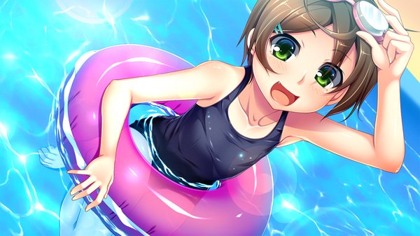 Anime picture 1280x720 with kakurenbo (game) tanabe kyou single blush short hair open mouth light erotic brown hair wide image green eyes game cg loli girl swimsuit water one-piece swimsuit school swimsuit swim ring
