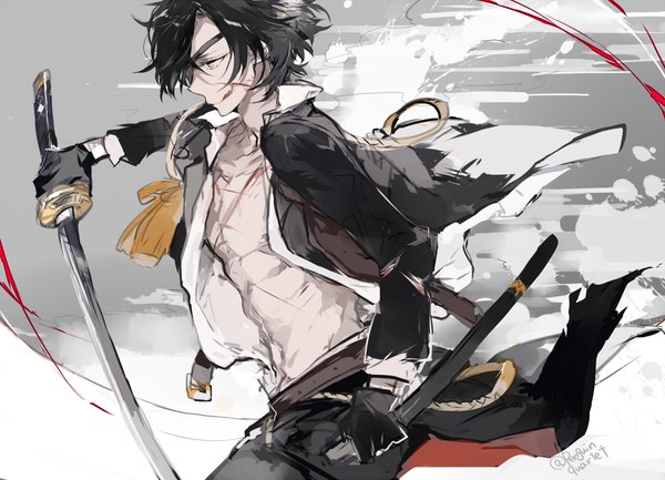 Anime picture 1200x866 with touken ranbu nitroplus shokudaikiri mitsutada aki mitsu single short hair smile holding yellow eyes profile open shirt licking smirk injury military bleeding cuts boy gloves uniform