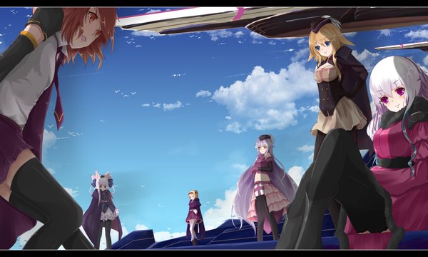 Anime picture 1800x1080 with original pixiv fantasia pixiv fantasia new world dusk/dawn long hair highres short hair blue eyes blonde hair brown hair wide image purple eyes multiple girls sky silver hair cloud (clouds) white hair orange eyes 6+ girls 6 girls