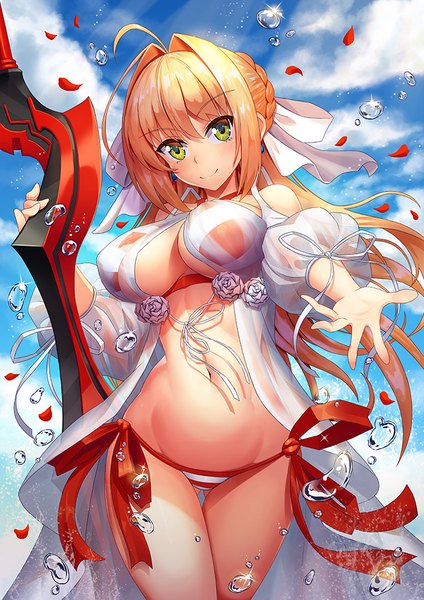 Anime picture 707x1000 with fate (series) fate/grand order nero claudius (fate) (all) nero claudius (swimsuit caster) (fate) tako seijin (takos000) single long hair tall image looking at viewer blush fringe breasts light erotic blonde hair smile hair between eyes large breasts standing bare shoulders holding