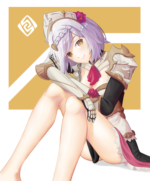 Anime picture 2500x3000 with genshin impact noelle (genshin impact) palmito single tall image looking at viewer fringe highres short hair light erotic simple background smile sitting brown eyes white hair braid (braids) head tilt border girl headdress
