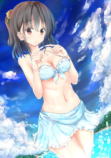 Anime picture 1020x1447 with original shirotaso0818 single tall image short hair breasts light erotic black hair red eyes cloud (clouds) girl navel swimsuit bikini
