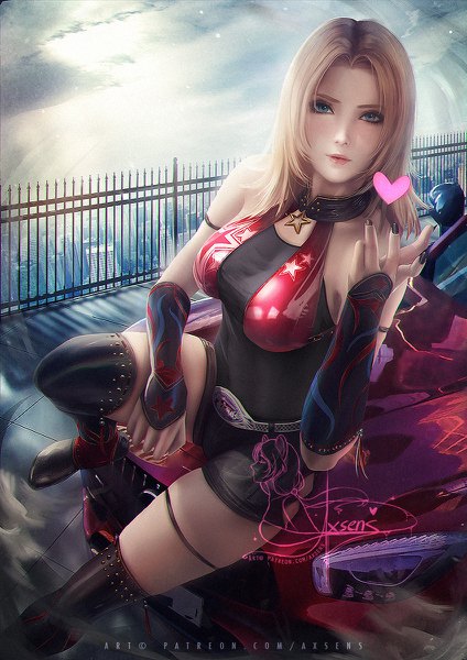 Anime-Bild 848x1200 mit dead or alive mercedes-benz tina armstrong axsen single tall image looking at viewer blush short hair breasts blonde hair sitting bare shoulders signed sky bent knee (knees) outdoors nail polish aqua eyes fingernails