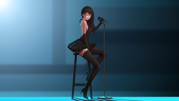 Anime picture 6399x3600 with original maredoro single long hair looking at viewer fringe highres black hair smile red eyes wide image sitting bare shoulders holding absurdres full body shadow high heels zettai ryouiki sleeveless