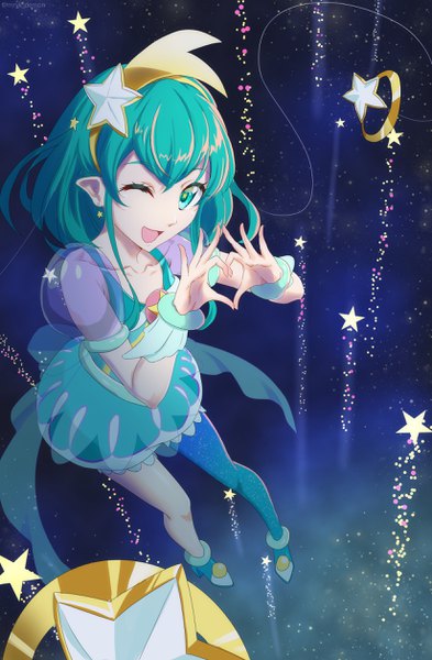 Anime picture 1648x2512 with precure star twinkle precure toei animation hagoromo lala cure milky murayuki1404 single long hair tall image looking at viewer fringe open mouth smile hair between eyes payot full body one eye closed aqua eyes from above wink