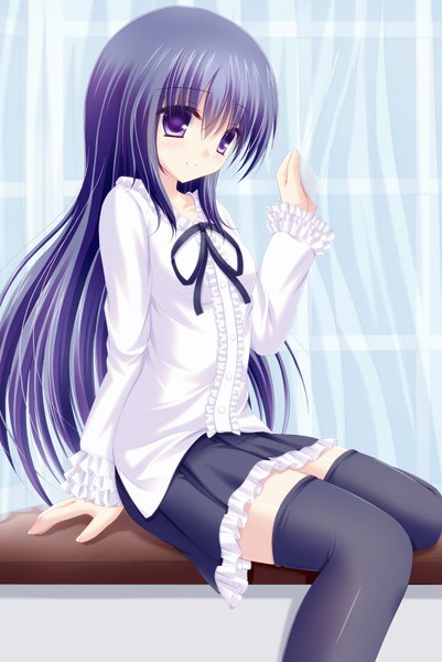 Anime picture 1068x1596 with original shimotsuki keisuke single long hair tall image sitting purple eyes blue hair girl thighhighs skirt black thighhighs miniskirt shirt frills