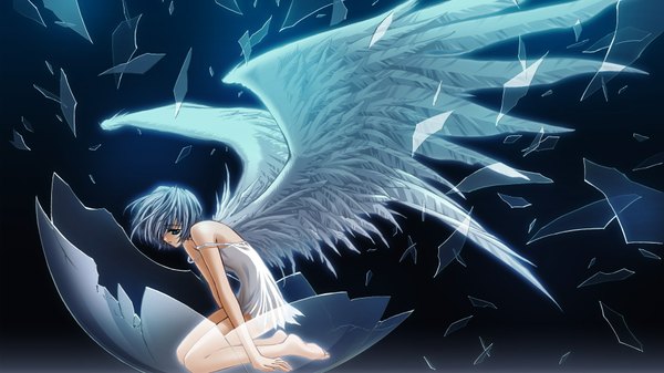 Anime picture 1920x1080 with the sanctuary knocker elurai carnelian single highres short hair blue eyes wide image bare shoulders blue hair barefoot wallpaper angel girl wings