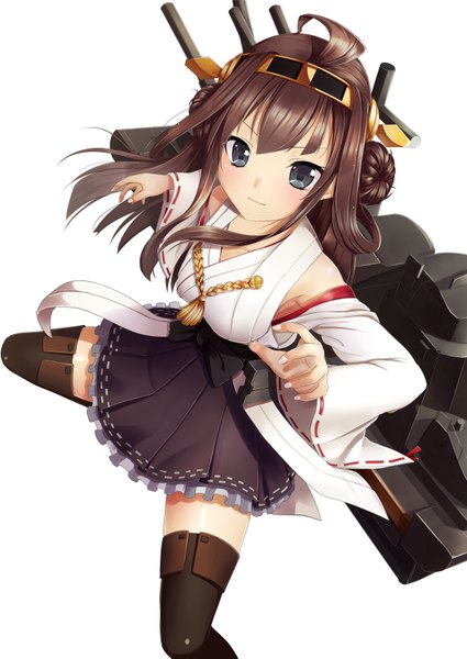 Anime picture 2507x3541 with kantai collection kongou battleship sasami single long hair tall image looking at viewer highres blue eyes brown hair white background ahoge traditional clothes japanese clothes miko girl thighhighs hair ornament weapon black thighhighs