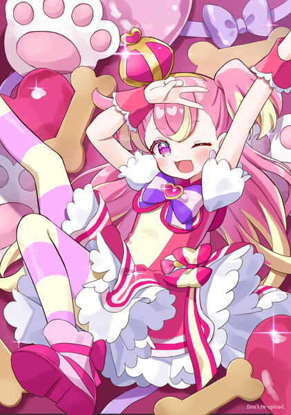 Anime picture 2508x3577 with precure wonderful precure! toei animation inukai komugi cure wonderful shuu (mniarnoakou) single long hair tall image looking at viewer highres open mouth pink hair one eye closed pink eyes multicolored hair wink sparkle two side up puffy sleeves