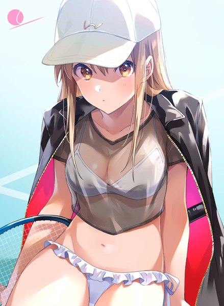 Anime picture 752x1027 with original zattape single long hair tall image looking at viewer blush fringe breasts light erotic hair between eyes brown hair large breasts sitting brown eyes payot open jacket shaded face clothes on shoulders swimsuit under clothes
