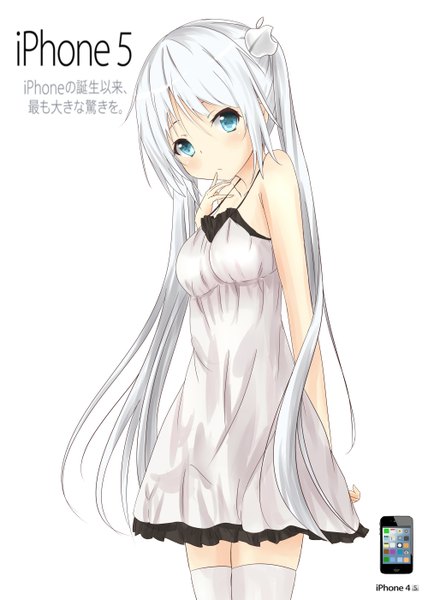 Anime picture 2000x2800 with original apple inc. saku (kudrove) single long hair tall image looking at viewer blush highres blue eyes simple background white background twintails white hair finger to mouth girl sundress iphone