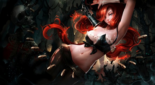 Anime picture 2000x1096 with league of legends miss fortune (league of legends) kiyomasa ren single looking at viewer blush fringe highres breasts blue eyes light erotic wide image large breasts bare shoulders cleavage red hair very long hair arm up hair over one eye bare belly