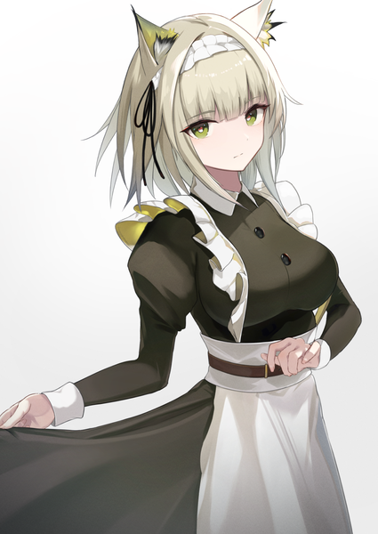 Anime picture 910x1286 with arknights kal'tsit (arknights) nokke o single tall image fringe short hair simple background blonde hair white background green eyes animal ears blunt bangs maid official alternate costume girl uniform headdress maid headdress