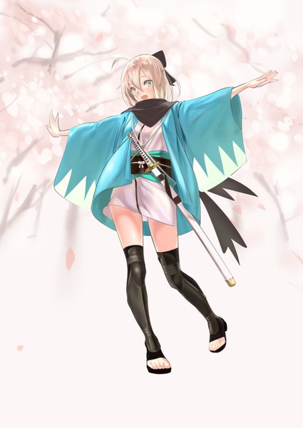 Anime picture 800x1130 with fate (series) koha-ace okita souji (fate) (all) okita souji (koha-ace) ha2ru single tall image looking at viewer blush fringe short hair open mouth blonde hair hair between eyes yellow eyes full body ahoge traditional clothes japanese clothes cherry blossoms