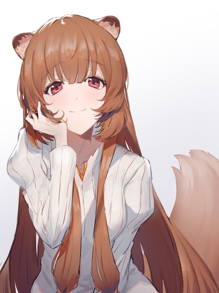 Anime picture 3000x4000 with tate no yuusha no nariagari kinema citrus raphtalia mycash75 single long hair tall image looking at viewer blush fringe highres simple background smile hair between eyes red eyes brown hair white background animal ears upper body tail