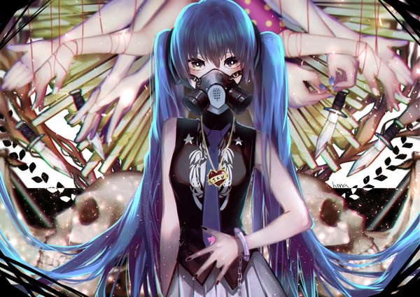 Anime picture 2039x1447 with vocaloid reversible campaign hatsune miku hona (platinum egg) single looking at viewer blush fringe highres hair between eyes twintails bare shoulders signed yellow eyes blue hair very long hair nail polish black nail polish girl weapon