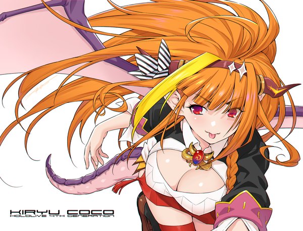 Anime picture 2000x1526 with virtual youtuber hololive kiryuu coco kazuma muramasa single long hair highres breasts light erotic simple background red eyes large breasts white background cleavage tail horn (horns) from above copyright name character names dragon girl