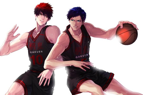 Anime picture 1200x800 with kuroko no basket production i.g aomine daiki kagami taiga smile red eyes holding blue hair red hair multiple boys sweat muscle playing sports boy uniform 2 boys gym uniform ball basketball ball basketball uniform