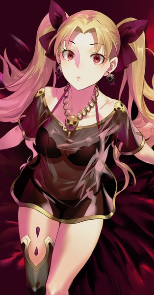Anime picture 593x1131 with fate (series) fate/grand order ereshkigal (fate) salmon88 single long hair tall image looking at viewer fringe breasts light erotic simple background blonde hair red eyes large breasts standing twintails parted lips thigh gap surprised