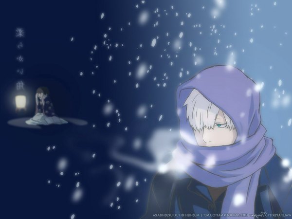 Anime picture 1024x768 with mushishi ginko fringe short hair white hair hair over one eye snowing boy scarf lantern