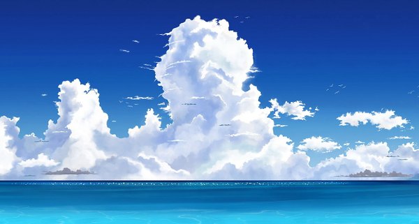 Anime picture 1345x720 with original keiita wide image sky cloud (clouds) no people landscape nature animal sea bird (birds) seagull
