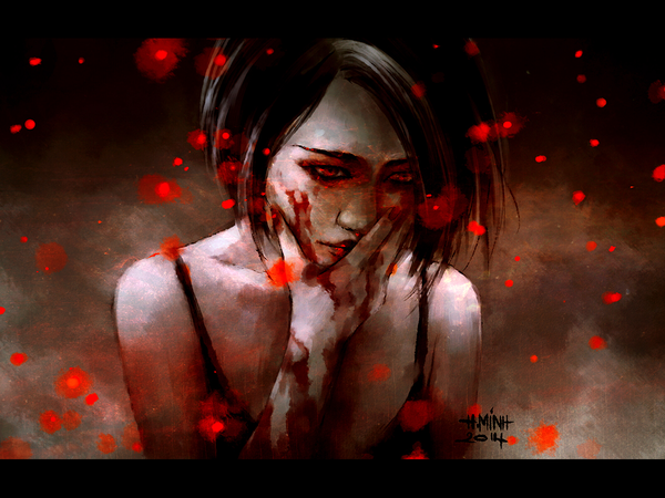 Anime picture 1200x900 with original nanfe single blush short hair black hair red eyes bare shoulders signed lipstick looking down letterboxed smoke pale skin red lipstick hand on face girl shirt