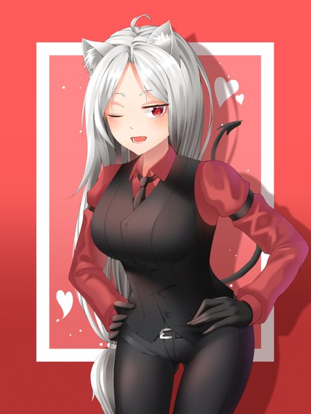 Anime-Bild 3600x4800 mit helltaker cerberus (helltaker) skarif single long hair tall image looking at viewer blush fringe highres breasts open mouth red eyes large breasts standing animal ears payot absurdres ahoge white hair